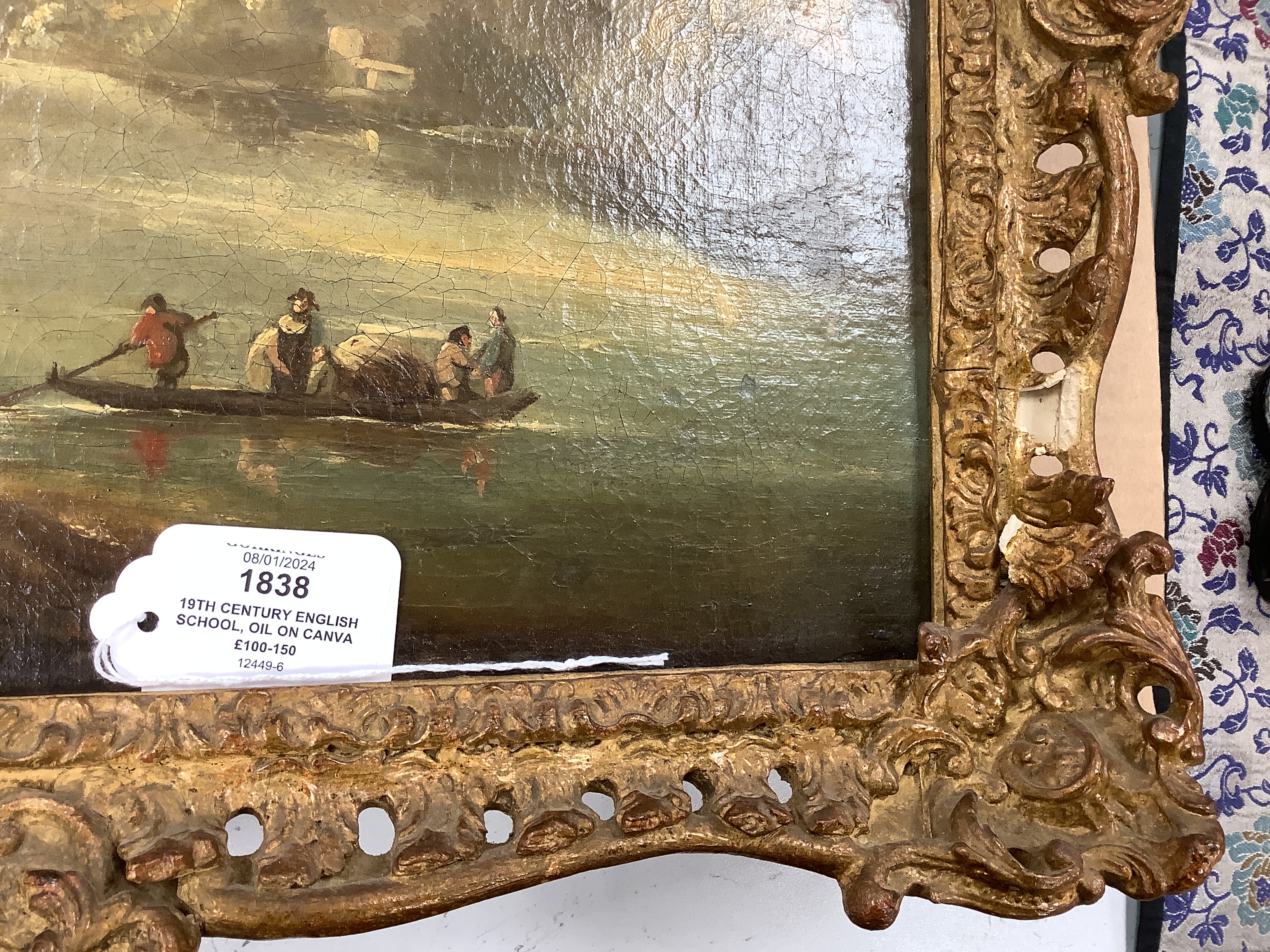 19th century English school, oil on canvas, Mountainous lake scene with figures in a boat, 35 x 43cm